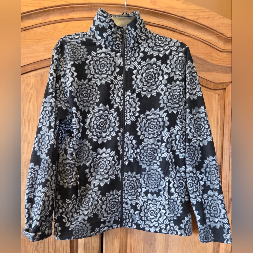 Women's Large Black & White Floral Polyester Fleece Jacket Full Zip I5 Apparel